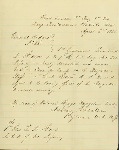 Announces that Leonard A. Horn is Detailed as Aide de Camp on the Brigade Staff by Unknown
